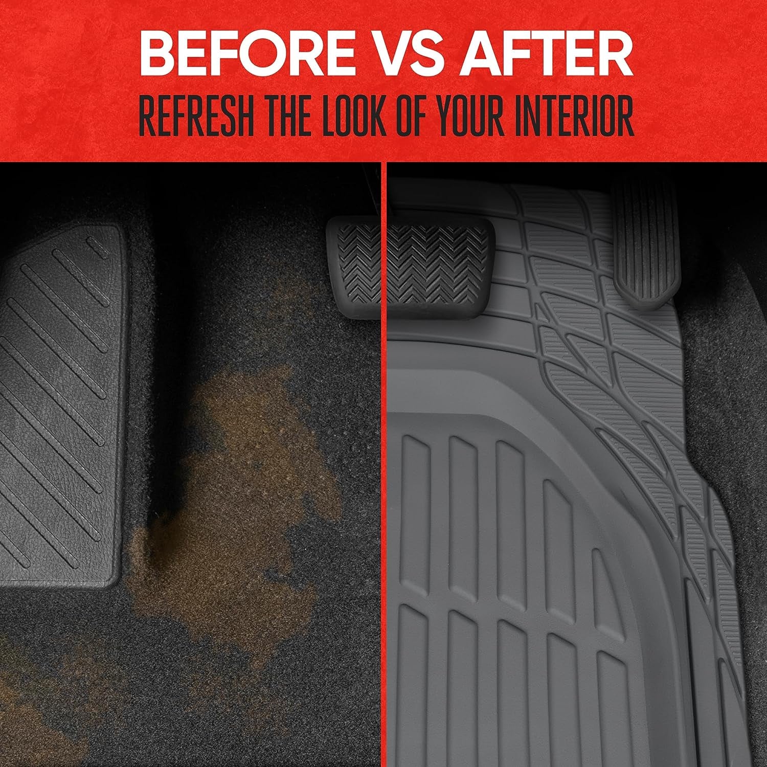 Flextough Floor Mats for Cars, Gray Deep Dish All-Weather Mats, Waterproof Trim-To Fit Automotive Floor Mats for Trucks SUV, Universal Liner Car Accessories