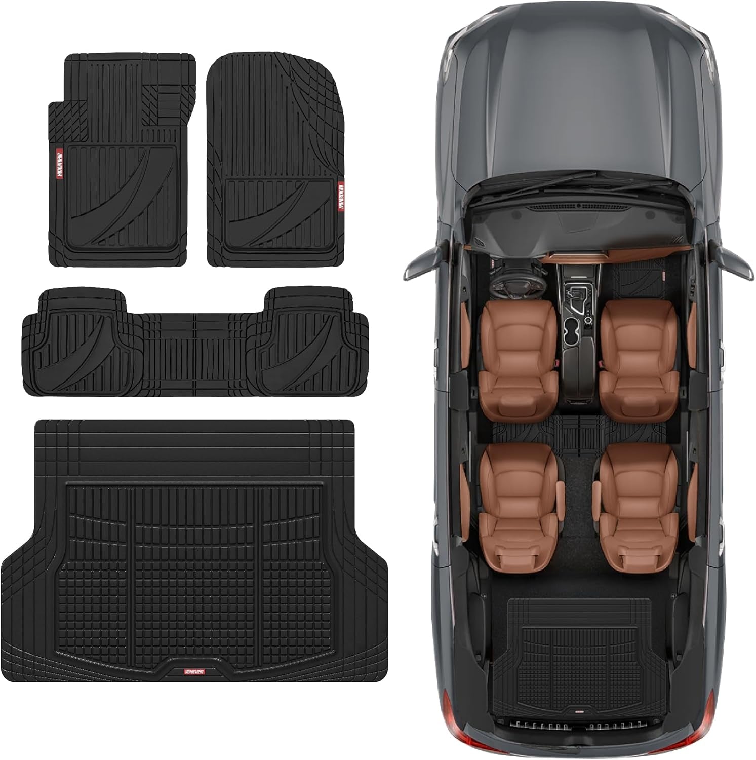 Motor Trend Flextough Advanced Heavy Duty Black Rubber Car Floor Mats & Cargo Liner for SUV & Car Full Set - Universal Trim to Fit All Weather Automotive Floor Mats & Cargo Liners for SUV, Car, & Van