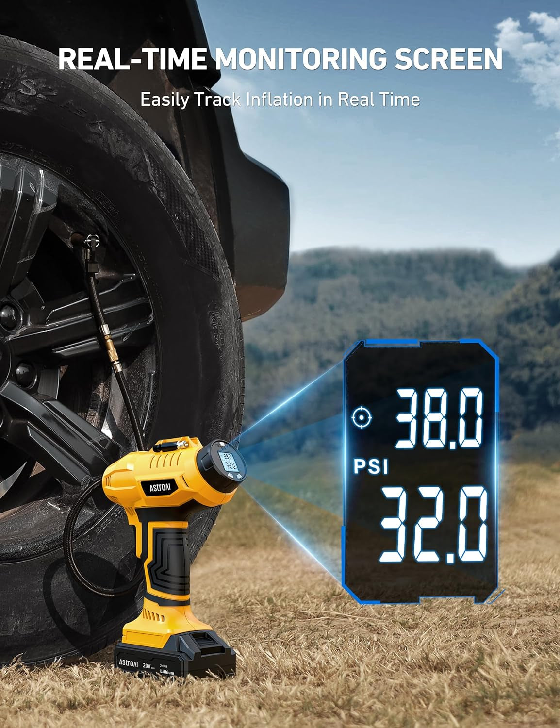 Cordless Tire Inflator Air Compressor Yellow and Cigarette Lighter Extension Cord 12Ft/12V/120W/15A